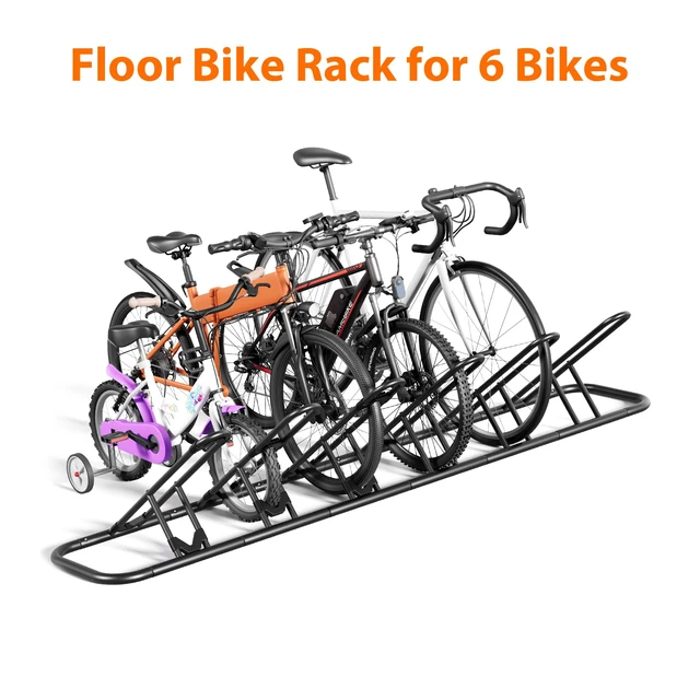 Alt view image 7 of 7 - Floor Bike Rack for Garage, Indoor Outdoor Bicycle Storage Stand, Bike Parking Rack for Mountain, Road & Kids Cycles (Black, 6-Slot)