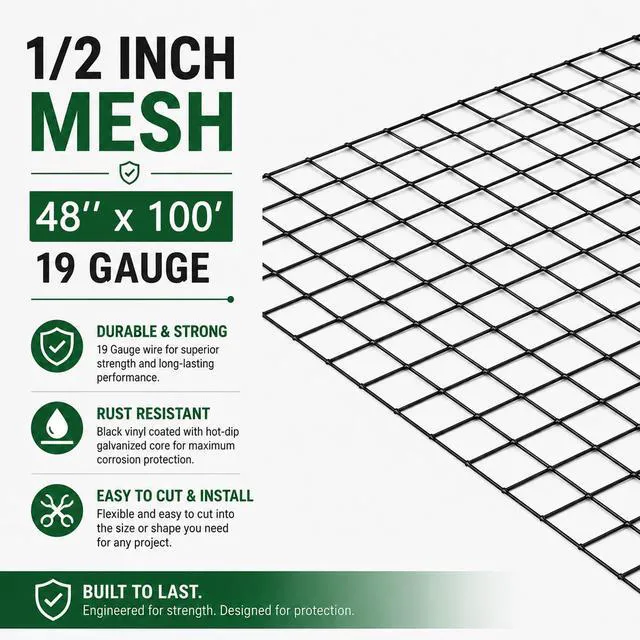 Alt view image 2 of 7 - Black Vinyl Coated Hardware Cloth 1/2" Mesh 48" x 100' 19 Gauge Chicken Wire Fencing Roll for Garden Fencing, Chicken Coop Wire, Tree Guard, Rabbit Fence