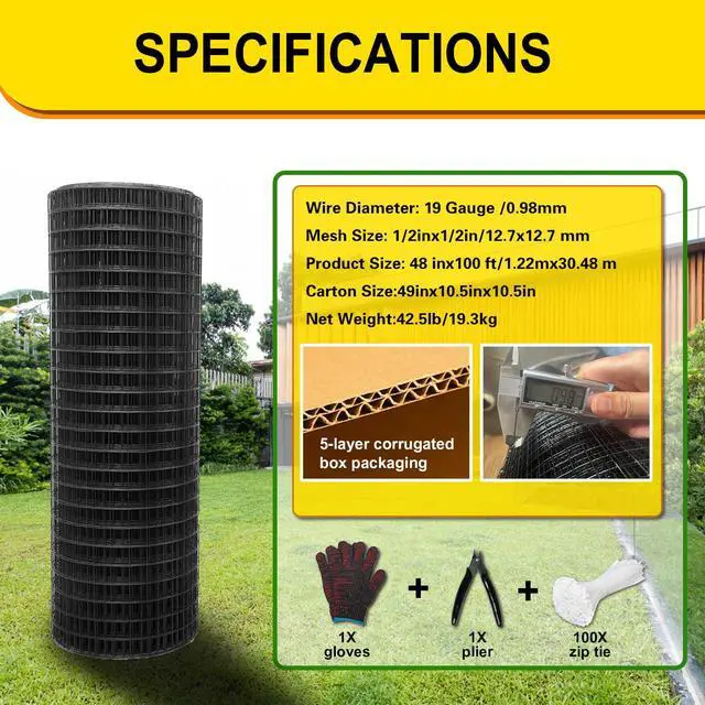 Alt view image 2 of 7 - Black Hardware Cloth 1/2inx48inx100ft, Chicken Wire Fencing, 19Gauge, Vinyl PVC Coated Mesh, Welded Wire mesh, Perfect for Gopher Wire, Rodent Mesh, Tree Guard, Chicken Coop, with Tools