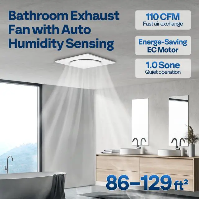 Alt view image 2 of 7 - Bathroom Exhaust Fan with Humidity Sensor 110CFM, Auto On/Off Energy-Saving EC Motor,10.2-inch Ceiling Retrofit Bath Fan, No Attic Access Needed
