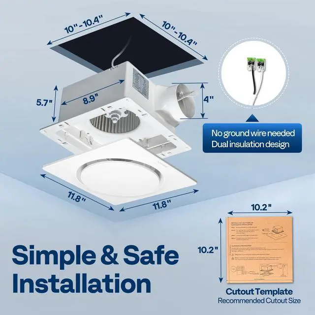 Alt view image 6 of 7 - Bathroom Exhaust Fan with Humidity Sensor 110CFM, Auto On/Off Energy-Saving EC Motor,10.2-inch Ceiling Retrofit Bath Fan, No Attic Access Needed