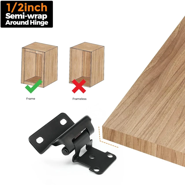 Alt view image 4 of 7 - Black Kitchen Cabinet Hinges, Semi Wrap 1/2 Inch Overlay, 60 Pack Self-Closing Design, Semi Wrap Around Hinge,for Face Frame Cupboard, Matte Black Face Mount Cabinet Hardware,with Screwdriver