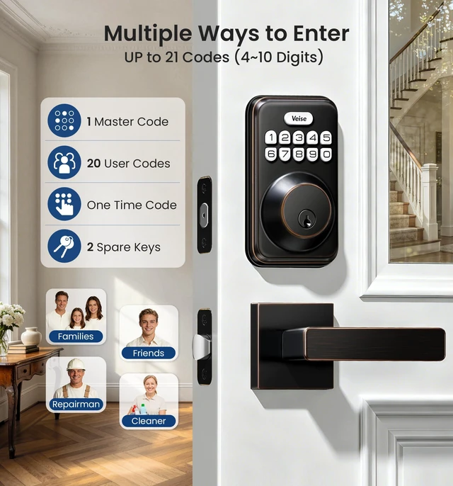 Alt view image 2 of 7 - DK01-B Keyless Entry Deadbolt Lock with Handle Set, Oil Rubbed Bronze 21 User Password, Anti-Peeping & One-time Code, Auto-Lock, 2 Backup Keys, Backlit Keypad, IP54 Waterproof, for Front Door