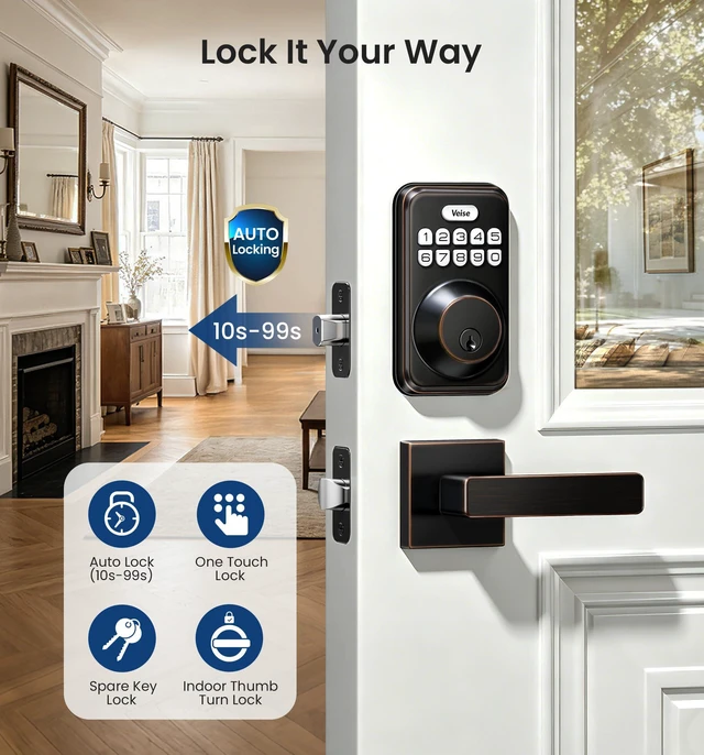 Alt view image 3 of 7 - DK01-B Keyless Entry Deadbolt Lock with Handle Set, Oil Rubbed Bronze 21 User Password, Anti-Peeping & One-time Code, Auto-Lock, 2 Backup Keys, Backlit Keypad, IP54 Waterproof, for Front Door
