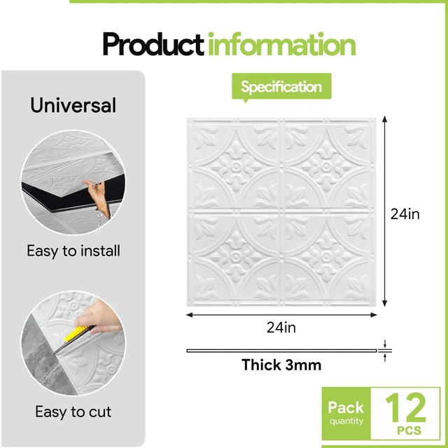 Alt view image 3 of 7 - 2ft x 2ft Drop Ceiling TilesWhite Antique Ceiling Tile 24 x 24in. Waterproof, Washable and Fire-Rated - Reusable - High-Grade PVC to Prevent Breakage-Cover 48 Sq. Ft-Package of 12 Tiles