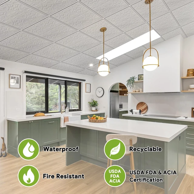 Alt view image 4 of 7 - 2ft x 2ft Drop Ceiling TilesWhite Antique Ceiling Tile 24 x 24in. Waterproof, Washable and Fire-Rated - Reusable - High-Grade PVC to Prevent Breakage-Cover 48 Sq. Ft-Package of 12 Tiles