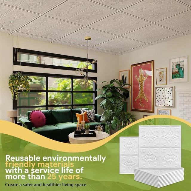 Alt view image 6 of 7 - 2ft x 2ft Drop Ceiling TilesWhite Antique Ceiling Tile 24 x 24in. Waterproof, Washable and Fire-Rated - Reusable - High-Grade PVC to Prevent Breakage-Cover 48 Sq. Ft-Package of 12 Tiles