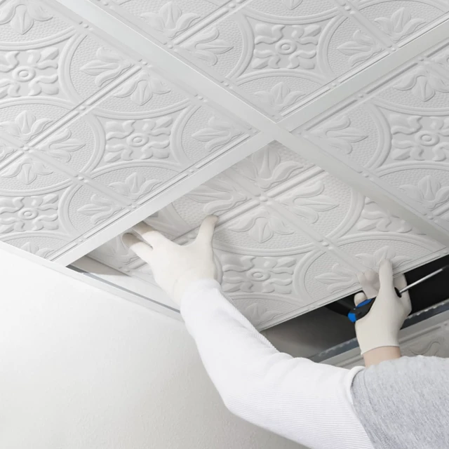 Alt view image 5 of 7 - 2ft x 2ft Drop Ceiling TilesWhite Antique Ceiling Tile 24 x 24in. Waterproof, Washable and Fire-Rated - Reusable - High-Grade PVC to Prevent Breakage-Cover 48 Sq. Ft-Package of 12 Tiles