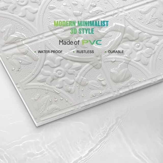 Alt view image 7 of 7 - 2ft x 2ft Drop Ceiling TilesWhite Antique Ceiling Tile 24 x 24in. Waterproof, Washable and Fire-Rated - Reusable - High-Grade PVC to Prevent Breakage-Cover 48 Sq. Ft-Package of 12 Tiles