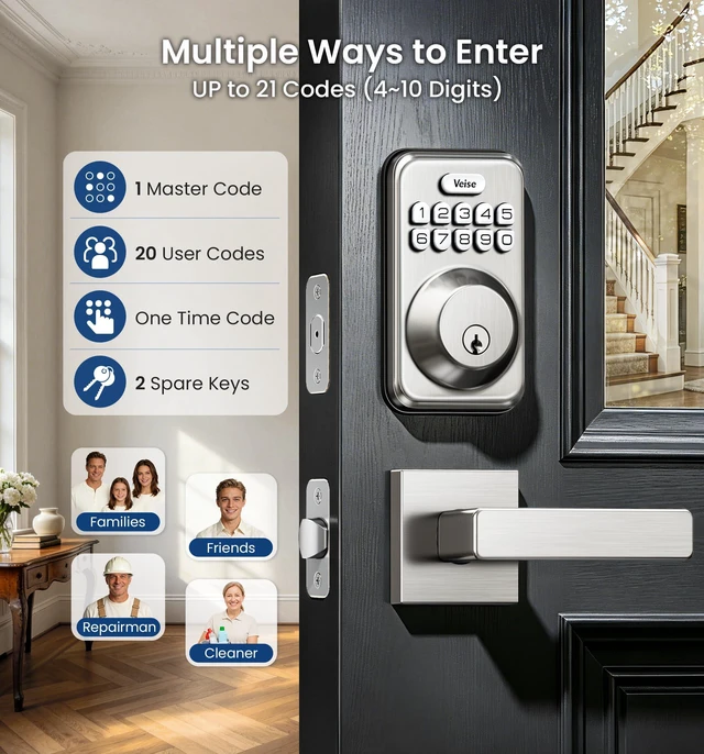 Alt view image 2 of 7 - DK01-B Keyless Entry Deadbolt Lock with Handle Set, Satin Nickel 21 User Password, Anti-Peeping & One-time Code, Auto-Lock, 2 Backup Keys, Backlit Keypad, IP54 Waterproof, for Front Door