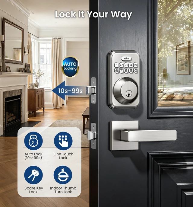 Alt view image 3 of 7 - DK01-B Keyless Entry Deadbolt Lock with Handle Set, Satin Nickel 21 User Password, Anti-Peeping & One-time Code, Auto-Lock, 2 Backup Keys, Backlit Keypad, IP54 Waterproof, for Front Door