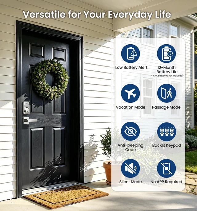 Alt view image 5 of 7 - DK01-B Keyless Entry Deadbolt Lock with Handle Set, Satin Nickel 21 User Password, Anti-Peeping & One-time Code, Auto-Lock, 2 Backup Keys, Backlit Keypad, IP54 Waterproof, for Front Door