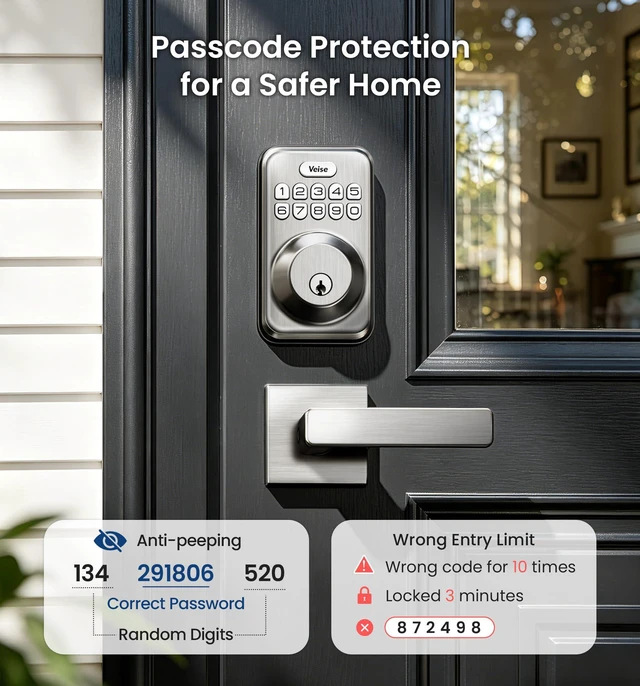 Alt view image 7 of 7 - DK01-B Keyless Entry Deadbolt Lock with Handle Set, Satin Nickel 21 User Password, Anti-Peeping & One-time Code, Auto-Lock, 2 Backup Keys, Backlit Keypad, IP54 Waterproof, for Front Door