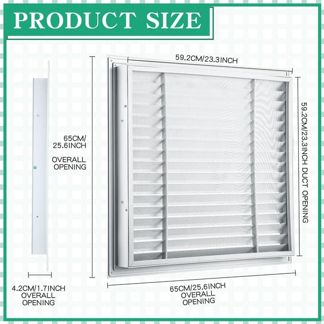 Alt view image 2 of 6 - 2 Pcs 26" x 26" Gable Vent Aluminum Alloy Wall Vents Shed Attic Vent with Screen Return Air Grill with Screws, for Ventilation Exterior Doors Wall House (White)
