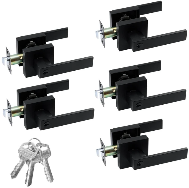 Main image of 5 Pack Entry Door Lock Set, Square Door Lever for Bedroom Passage Door Privacy Locking Interior/Exterior Entry Door Knob/Heavy Duty lock different keys