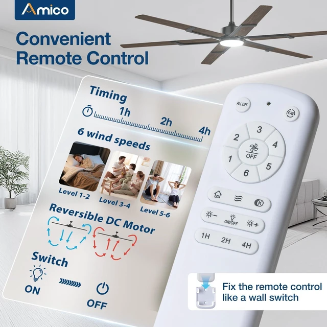Alt view image 3 of 7 - 72 Inch Ceiling Fans with Lights and Remote, Walnut 6 Speed Reversible DC Motor, 3CCT, Dimmable, Quiet, Timer, Large Modern Ceiling Fan for Living room, Indoor/Outdoor