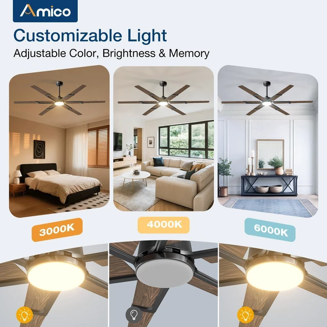 Alt view image 7 of 7 - 72 Inch Ceiling Fans with Lights and Remote, Walnut 6 Speed Reversible DC Motor, 3CCT, Dimmable, Quiet, Timer, Large Modern Ceiling Fan for Living room, Indoor/Outdoor
