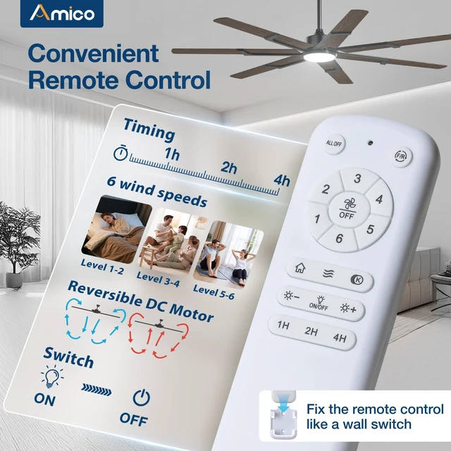 Alt view image 3 of 7 - 66 Inch Ceiling Fans with Lights and Remote, Walnut 6 Speed Reversible DC Motor, 3CCT, Dimmable, Quiet, Timer, Large Modern Ceiling Fan for Living room, Indoor/Outdoor