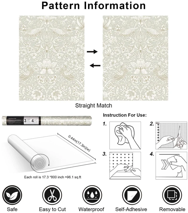 Alt view image 7 of 7 - William Morris Vintage Peel and Stick Wallpaper 17.7 x 800in Grey Botanical Self Adhesive Removable Waterproof Contact Paper for Living Room Bedroom Cabinets Drawers Decor