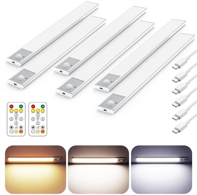 Main image of 12" Under Cabinet Lighting Wireless, Remote, Motion Sensor, 6Pack, Silver 0.33" Ultra-thin Aluminum Alloy Body, USB-C Rechargeable, 3-Color-Temp, Dimming, Magnetic, 30Day Runtime for Kitchen Closet
