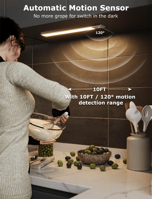 Alt view image 6 of 7 - 12" Under Cabinet Lighting Wireless, Remote, Motion Sensor, 6Pack, Silver 0.33" Ultra-thin Aluminum Alloy Body, USB-C Rechargeable, 3-Color-Temp, Dimming, Magnetic, 30Day Runtime for Kitchen Closet