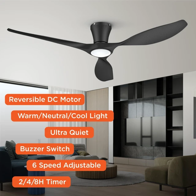 Alt view image 4 of 7 - Ceiling Fans with Lights,52 inch Modern Low Profile Ceiling Fan with Quiet Reversible DC Motor,Flush Mount,3CCT, Black Ceiling Fan for Bedroom Living Room Kitchen and Patio