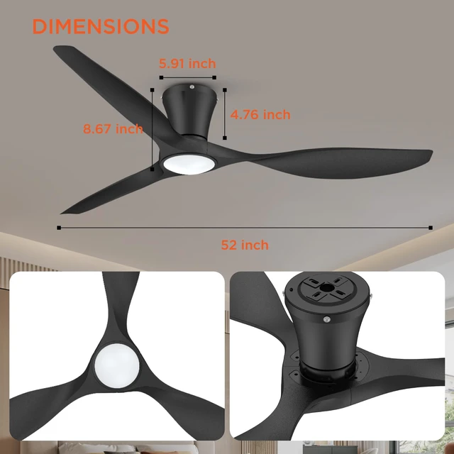 Alt view image 3 of 7 - Ceiling Fans with Lights,52 inch Modern Low Profile Ceiling Fan with Quiet Reversible DC Motor,Flush Mount,3CCT, Black Ceiling Fan for Bedroom Living Room Kitchen and Patio