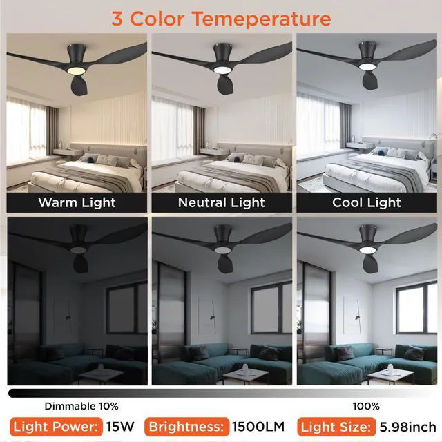 Alt view image 6 of 7 - Ceiling Fans with Lights,52 inch Modern Low Profile Ceiling Fan with Quiet Reversible DC Motor,Flush Mount,3CCT, Black Ceiling Fan for Bedroom Living Room Kitchen and Patio
