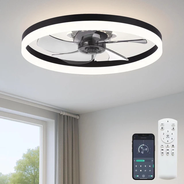 Main image of 20'' Ceiling Fan with Light and Remote, Low Profile Ceiling Fan with Light, Dimmable Flush Mount Ceiling Fan Light, 6 Speeds Fan, App&Remote Control, Fandelier Quiet Fan for Bedroom F115 Black