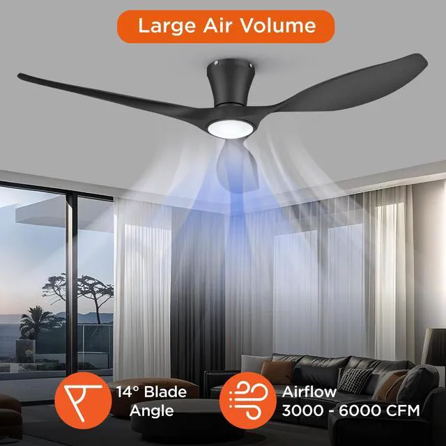 Alt view image 7 of 7 - Ceiling Fans with Lights,52 inch Modern Low Profile Ceiling Fan with Quiet Reversible DC Motor,Flush Mount,3CCT, Black Ceiling Fan for Bedroom Living Room Kitchen and Patio