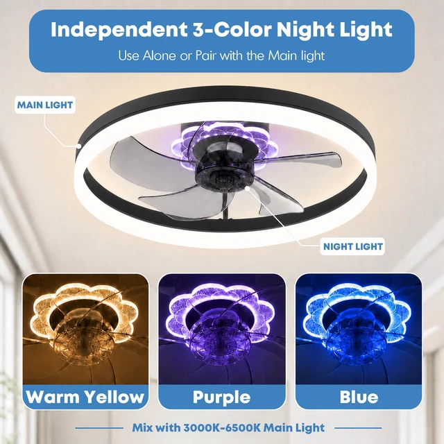 Alt view image 2 of 7 - 20'' Ceiling Fan with Light and Remote, Low Profile Ceiling Fan with Light, Dimmable Flush Mount Ceiling Fan Light, 6 Speeds Fan, App&Remote Control, Fandelier Quiet Fan for Bedroom F115 Black