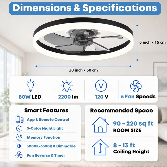Alt view image 5 of 7 - 20'' Ceiling Fan with Light and Remote, Low Profile Ceiling Fan with Light, Dimmable Flush Mount Ceiling Fan Light, 6 Speeds Fan, App&Remote Control, Fandelier Quiet Fan for Bedroom F115 Black