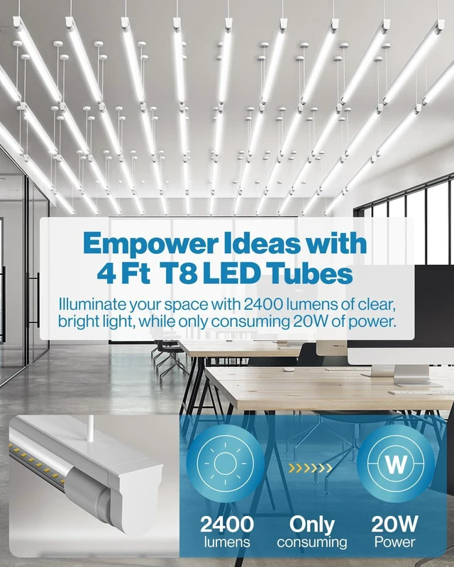 Alt view image 2 of 7 - 10 Pack 4 Foot T8 LED Tube Light Bulbs, 5000K, 20W, Hybrid A+B 2400LM, Clear Lens, Daylight, Single/Double-Ended Power, 48 Inch Fluorescent Bulb Replacement, Bypass/Ballast Compatible