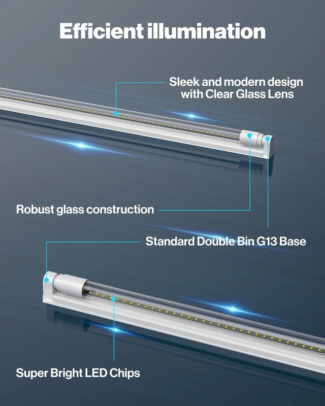 Alt view image 7 of 7 - 10 Pack 4 Foot T8 LED Tube Light Bulbs, 5000K, 20W, Hybrid A+B 2400LM, Clear Lens, Daylight, Single/Double-Ended Power, 48 Inch Fluorescent Bulb Replacement, Bypass/Ballast Compatible