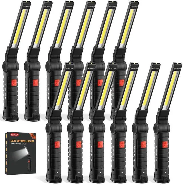 Main image of 12Pack Magnetic Rechargeable LED Work Light/Flashlight for Mechanic 360° Rotation, Super Bright, 5 Modes, Compact, Tail Hook, for Car Repairing, Garage, Emergency, Workshop, Gifts for Father