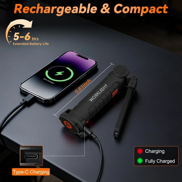 Alt view image 3 of 7 - 12Pack Magnetic Rechargeable LED Work Light/Flashlight for Mechanic 360° Rotation, Super Bright, 5 Modes, Compact, Tail Hook, for Car Repairing, Garage, Emergency, Workshop, Gifts for Father
