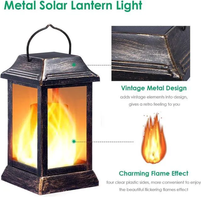 Alt view image 2 of 7 - Flickering Flame Solar Lights Outdoor Metal Hanging Lantern, 4 Pack Realistic Flame Effect, Charges in 6-8 Hours, 10-12-Hour Runtime, IP65 Waterproof, Auto On/Off for Patio, Garden and Porch