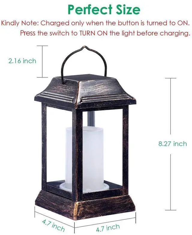 Alt view image 3 of 7 - Flickering Flame Solar Lights Outdoor Metal Hanging Lantern, 4 Pack Realistic Flame Effect, Charges in 6-8 Hours, 10-12-Hour Runtime, IP65 Waterproof, Auto On/Off for Patio, Garden and Porch