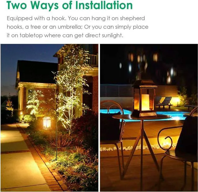 Alt view image 5 of 7 - Flickering Flame Solar Lights Outdoor Metal Hanging Lantern, 4 Pack Realistic Flame Effect, Charges in 6-8 Hours, 10-12-Hour Runtime, IP65 Waterproof, Auto On/Off for Patio, Garden and Porch