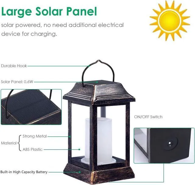 Alt view image 4 of 7 - Flickering Flame Solar Lights Outdoor Metal Hanging Lantern, 4 Pack Realistic Flame Effect, Charges in 6-8 Hours, 10-12-Hour Runtime, IP65 Waterproof, Auto On/Off for Patio, Garden and Porch