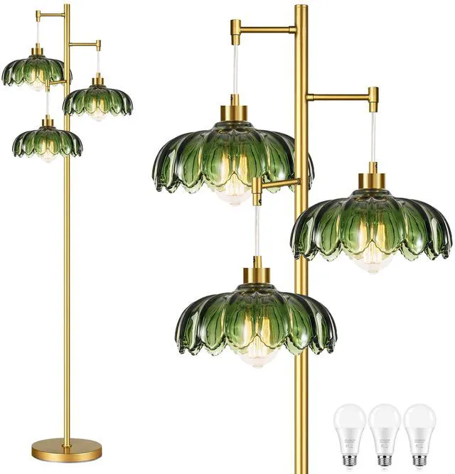 Main image of Glass Floor Lamp for Living Room,Bedroom,Mid Century Modern Standing Lamp Brass Tree 3 Light Tall Floor Lamps Vintage Retro Floor Lights Gold Green Flower Lamp Shade Farmhouse Boho Bohemian