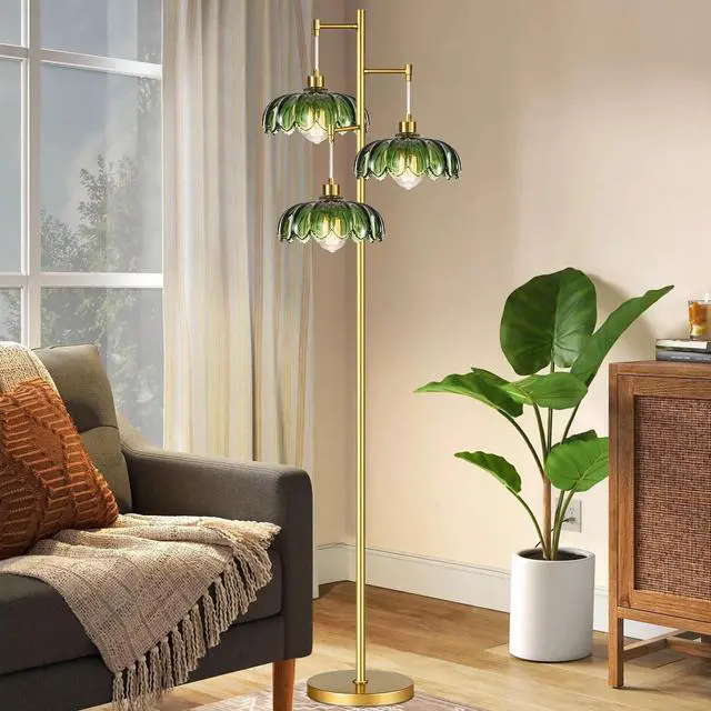 Alt view image 7 of 7 - Glass Floor Lamp for Living Room,Bedroom,Mid Century Modern Standing Lamp Brass Tree 3 Light Tall Floor Lamps Vintage Retro Floor Lights Gold Green Flower Lamp Shade Farmhouse Boho Bohemian