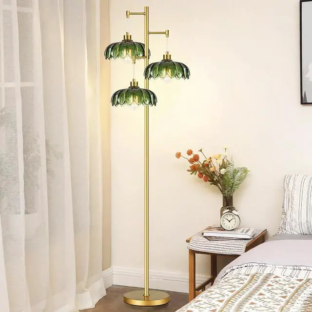 Alt view image 6 of 7 - Glass Floor Lamp for Living Room,Bedroom,Mid Century Modern Standing Lamp Brass Tree 3 Light Tall Floor Lamps Vintage Retro Floor Lights Gold Green Flower Lamp Shade Farmhouse Boho Bohemian