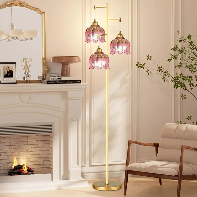 Alt view image 3 of 7 - Pink Floor Lamp for Living Room,Bedroom,Gold Mid Century Modern Standing Lamp Brass Tree 3 Light Tall Floor Lamps Vintage Retro Floor Lights Glass Flower Lamp Shade Girls Kids Boho Bohemian