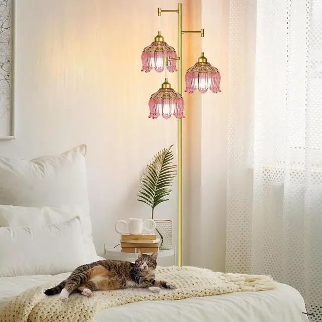 Alt view image 2 of 7 - Pink Floor Lamp for Living Room,Bedroom,Gold Mid Century Modern Standing Lamp Brass Tree 3 Light Tall Floor Lamps Vintage Retro Floor Lights Glass Flower Lamp Shade Girls Kids Boho Bohemian