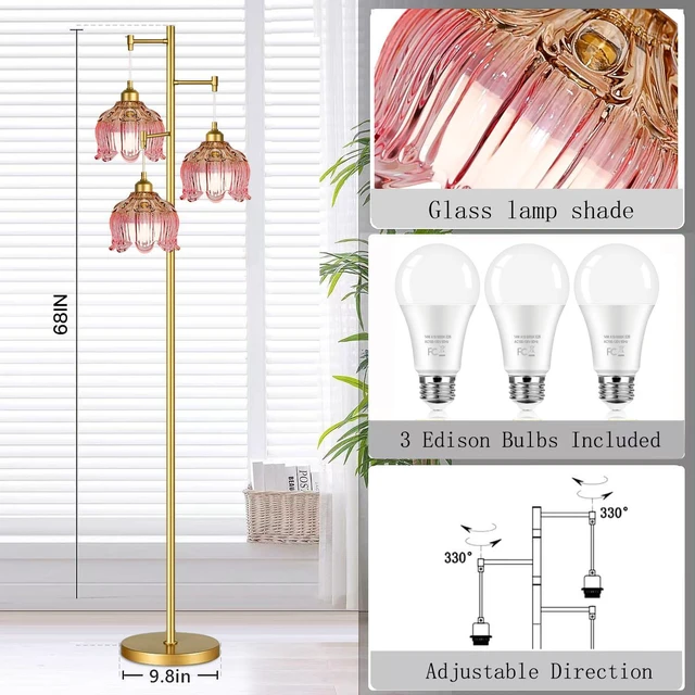 Alt view image 5 of 7 - Pink Floor Lamp for Living Room,Bedroom,Gold Mid Century Modern Standing Lamp Brass Tree 3 Light Tall Floor Lamps Vintage Retro Floor Lights Glass Flower Lamp Shade Girls Kids Boho Bohemian