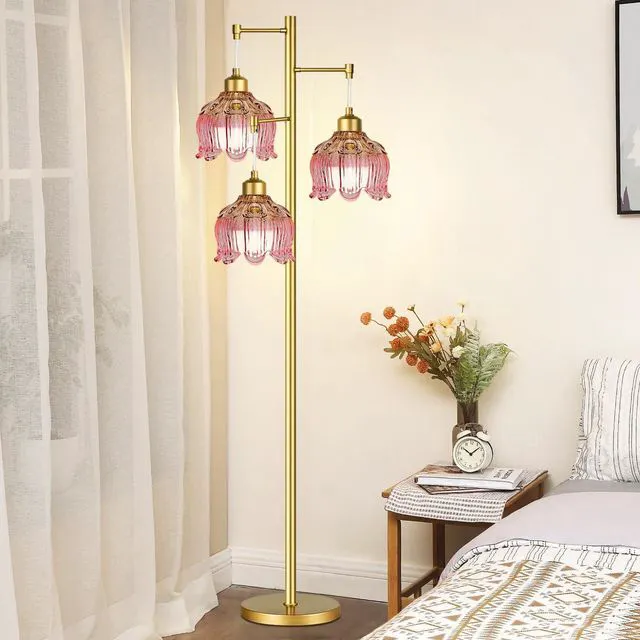 Alt view image 6 of 7 - Pink Floor Lamp for Living Room,Bedroom,Gold Mid Century Modern Standing Lamp Brass Tree 3 Light Tall Floor Lamps Vintage Retro Floor Lights Glass Flower Lamp Shade Girls Kids Boho Bohemian