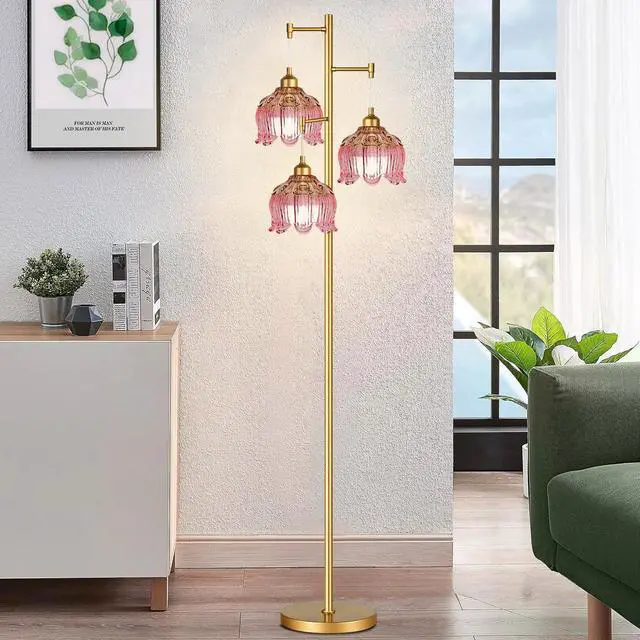 Alt view image 7 of 7 - Pink Floor Lamp for Living Room,Bedroom,Gold Mid Century Modern Standing Lamp Brass Tree 3 Light Tall Floor Lamps Vintage Retro Floor Lights Glass Flower Lamp Shade Girls Kids Boho Bohemian