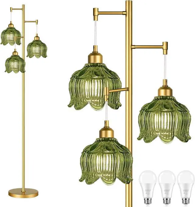 Main image of Gold Floor Lamp for Living Room,Bedroom,Mid Century Modern Standing Lamp Brass Tree 3 Light Tall Floor Lamps Vintage Retro Floor Lights Glass Green Flower Lamp Shade Farmhouse Boho Bohemian
