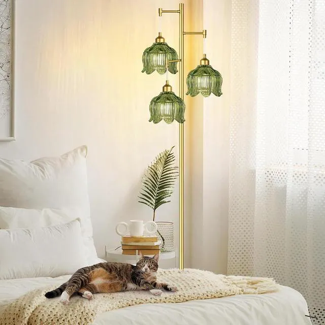 Alt view image 2 of 7 - Gold Floor Lamp for Living Room,Bedroom,Mid Century Modern Standing Lamp Brass Tree 3 Light Tall Floor Lamps Vintage Retro Floor Lights Glass Green Flower Lamp Shade Farmhouse Boho Bohemian